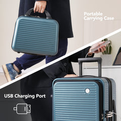 20 Inch Front Open Carry-On Suitcase with USB Port Blue