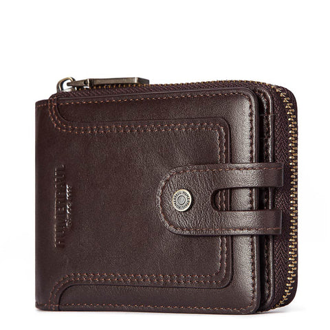 Men’s Cowhide Leather Zipper Coin Wallet Anti-Theft Retro Purse