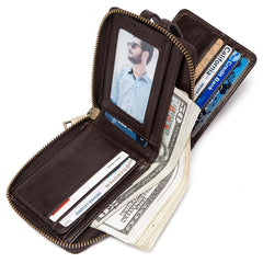 Men’s Cowhide Leather Zipper Coin Wallet Anti-Theft Retro Purse