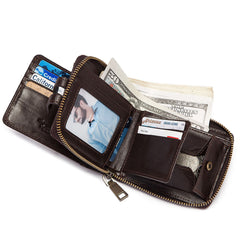 Men’s Cowhide Leather Zipper Coin Wallet Anti-Theft Retro Purse