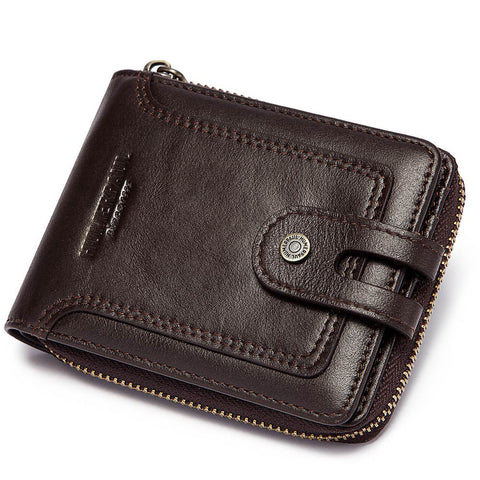 Men’s Cowhide Leather Zipper Coin Wallet Anti-Theft Retro Purse