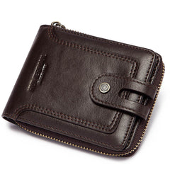 Men’s Cowhide Leather Zipper Coin Wallet Anti-Theft Retro Purse