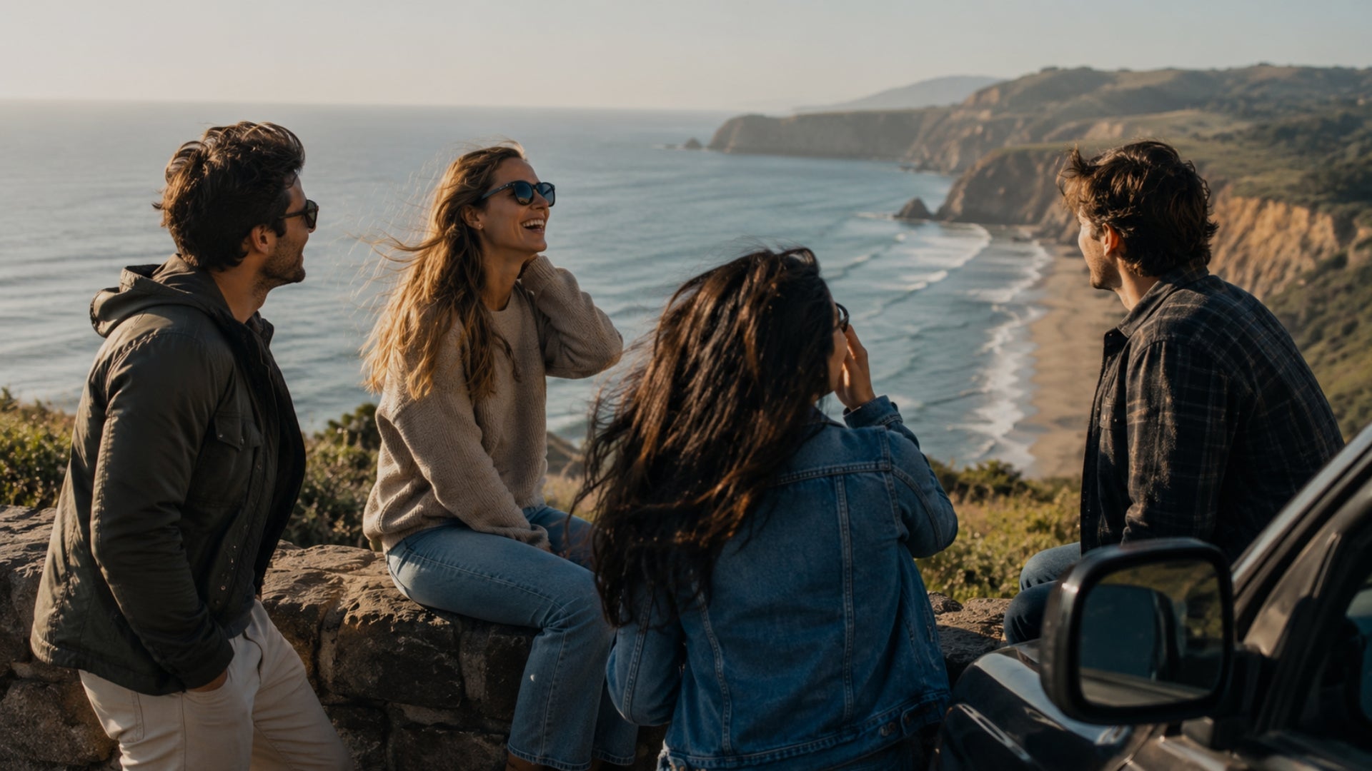 Four friends enjoying a scenic view by the ocean with a car in the foreground.